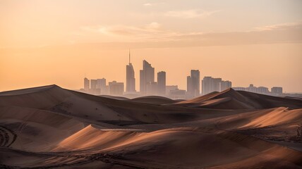 Modern city skyline emerging from sand dunes in the desert during a hazy sunrise or sunset