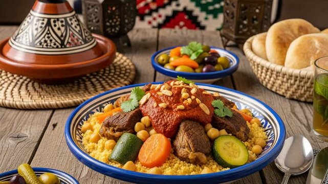 Savoring Tunisian couscous with lamb, chickpeas, and harissa sauce in a cozy rustic dining setting