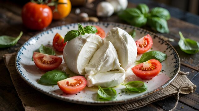 Fresh mozzarella cheese with ripe tomatoes and basil leaves arranged on a rustic plate, a classic italian caprese salad appetizer presented on a wooden table