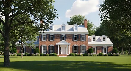 Beautiful brick house with green lawn and trees on a sunny day rendering