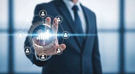 Businessman touching a virtual screen with business analytics and data icons