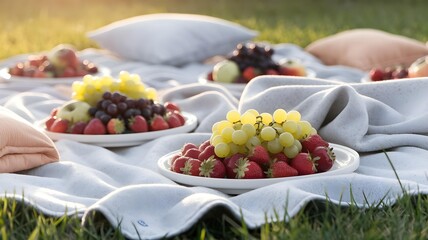 Outdoor summer picnic spread with plates of fresh strawberries and grapes arranged on a white blanket in the grass during golden hour