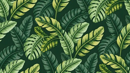 A seamless pattern of lush green and yellow banana leaves on a dark green background, evoking tropical vibes