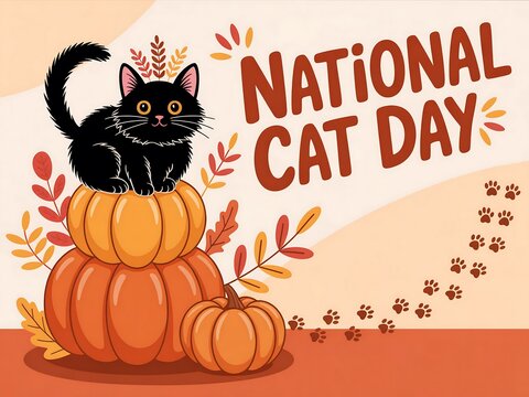 Cute black cat sitting on pumpkins for national cat day isolated on white background