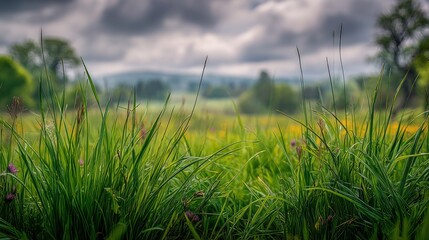 Lush Green Grass Field Under Dramatic Clouds in Nature's Serenity