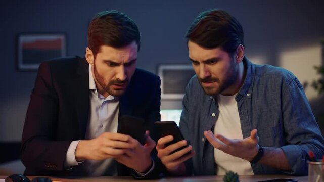 Irritated stressed furious Caucasian trader crypto freelancer male worker discuss stock two mobile phones broker man overworking night at home neon businessman arguing developer guy quarrel deadline