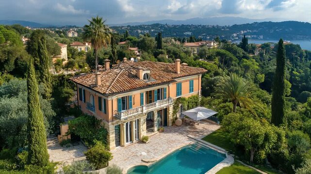 Luxurious Mediterranean Villa with Swimming Pool Overlooking the Sea, Surrounded by Lush Greenery and Palm Trees, French Riviera, Cote d'Azur