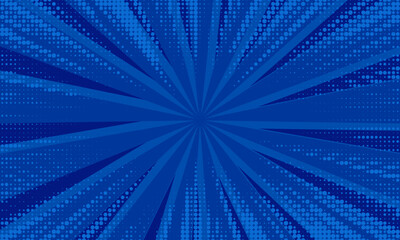 abstract comic rays background with dot halftone on blue