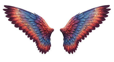 Fototapeta premium Fantasy Angel Wings with Blue and Red Feathers png clear alpha channel cutout isolated on transparent background