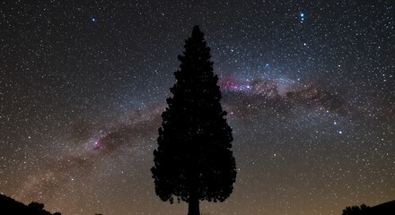 Silhouette of a lone tree against a vibrant Milky Way galaxy and starry night sky
