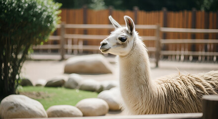 Llama portrait in a zoo enclosure on a sunny day.