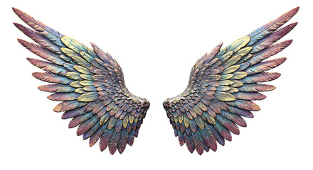 Fototapeta premium Fantasy Angel Wings with Iridescent Feathers, Mystical and Magical Symbolism png clear alpha channel cutout isolated on transparent background