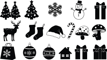 Christmas, holiday, winter, icon, tree, snowflake, snowman, reindeer, stocking, Santa hat, candy cane, ornament, gift, house, vector, black, white, festive, seasonal, decoration, symbol