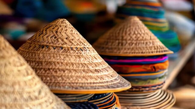 Stacks of woven straw conical hats at a market stall, with colorful fabrics peeking from underneath.
