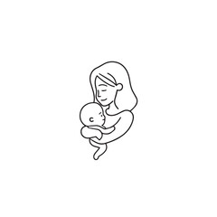 Black and white line art of a beautiful mother lovingly embracing her baby minimalist tender illustration