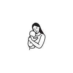 Black and white line art of a beautiful mother lovingly embracing her baby minimalist tender illustration