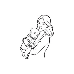Black and white line art of a beautiful mother lovingly embracing her baby minimalist tender illustration
