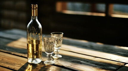wine. An elegant wine bottle and crystal glasses on a rustic table with golden reflections from soft backlighting. bar promotions, beverage menus, designed for product packaging and bar promotions.