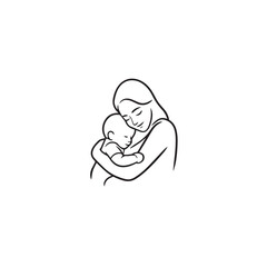 Black and white line art of a beautiful mother lovingly embracing her baby minimalist tender illustration