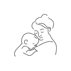 Black and white line art of a beautiful mother lovingly embracing her baby minimalist tender illustration