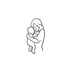 Black and white line art of a beautiful mother lovingly embracing her baby minimalist tender illustration
