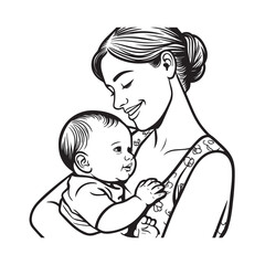 Black and white line art of a beautiful mother lovingly embracing her baby minimalist tender illustration