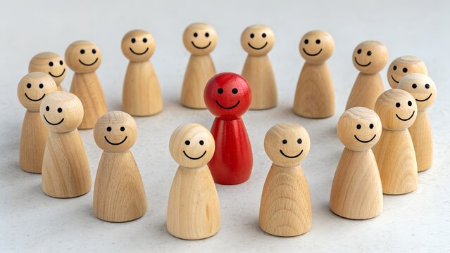 Red Figurine Surrounded by Smiling Wooden Figures in Circle – Individuality and Leadership Concept, Standing Out from the Crowd, Community Dynamics, Diversity Visualization