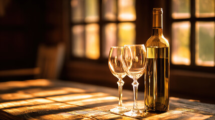 wine. An elegant wine bottle and crystal glasses on a rustic table with golden reflections from soft backlighting. bar promotions, beverage menus, designed for product packaging and bar promotions.