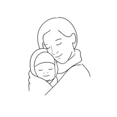Black and white line art of a beautiful mother lovingly embracing her baby minimalist tender illustration