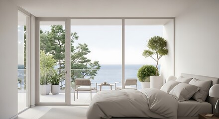 Fototapeta premium Bright bedroom with balcony and sea view in modern apartment interior