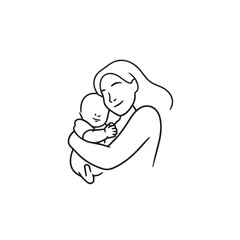 Black and white line art of a beautiful mother lovingly embracing her baby minimalist tender illustration