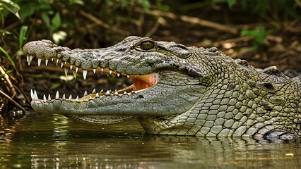 Fototapeta premium A crocodile looking for a prey in a pond