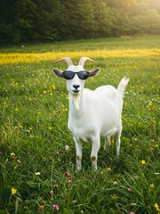 Obraz premium A white goat wearing sunglasses in a meadow.