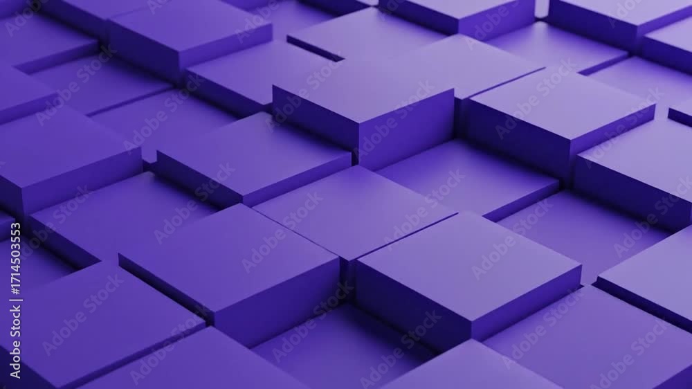 Wall mural A visually engaging abstract background features an endless array of purple geometric cubes dynamically shifting, rising, and falling. This clean, modern 3D animation creates a mesmerizing ripple effe