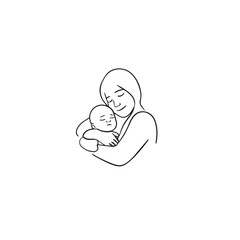 Black and white line art of a beautiful mother lovingly embracing her baby minimalist tender illustration