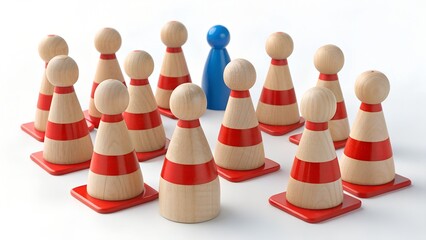 Blue Game Piece Among Red-Striped Pawns on Grid &ndash; Individuality Concept, Standing Out from the Crowd, Leadership Symbolism, Group Dynamics, Personal Distinction