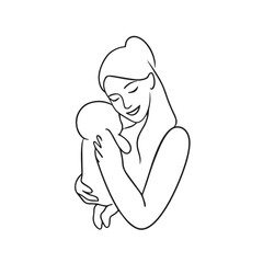 Black and white line art of a beautiful mother lovingly embracing her baby minimalist tender illustration