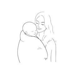 Black and white line art of a beautiful mother lovingly embracing her baby minimalist tender illustration