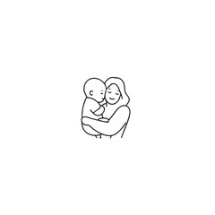 Black and white line art of a beautiful mother lovingly embracing her baby minimalist tender illustration