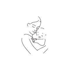 Black and white line art of a beautiful mother lovingly embracing her baby minimalist tender illustration