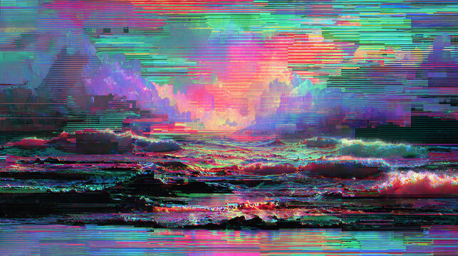 Vibrant Glitch Art Landscape: Pixel Sorted Waves and Abstract Sky at Sunset