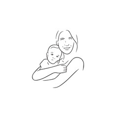 Black and white line art of a beautiful mother lovingly embracing her baby minimalist tender illustration