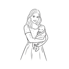 Black and white line art of a beautiful mother lovingly embracing her baby minimalist tender illustration