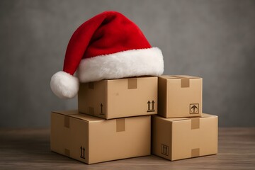 Cardboard boxes decorated with Red Santa hat symbolizing Christmas shipping gift packaging and holiday delivery
