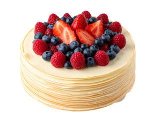 Layered Crepe Cake with Cream and Berries, Top-Down View, isolated