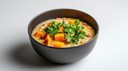 Delicious hearty vegetable and lentil soup with pumpkin and fresh herbs served in a modern black bowl on a white background