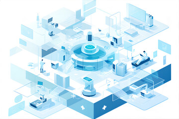 Clinical control center with AI robot companion and multi-screen medical analytics