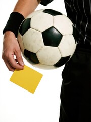 Soccer referee holding yellow card and football ball during professional match penalty close up shot