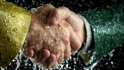 A close-up view of two hands shaking, covered in water droplets, symbolizing a deal or agreement amidst a spray of water.