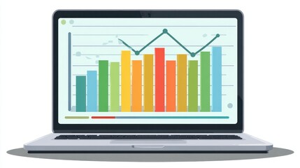 A laptop with graph clipart, business analytics element, digital vector illustration, modern style, isolated on white background. 